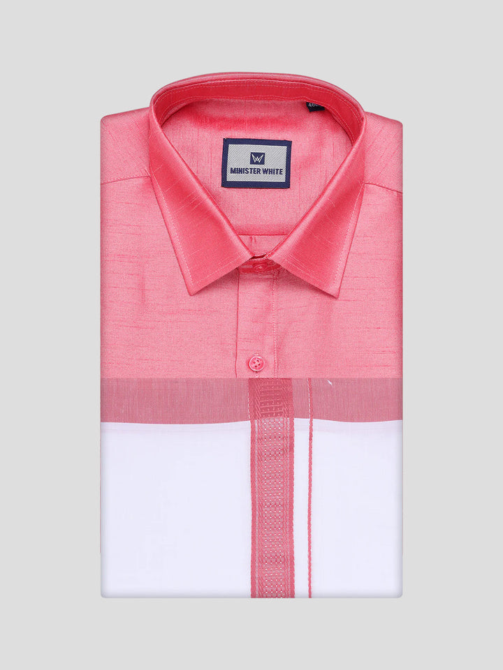 Mens Coral Pink Dupion Satin Shirt with Matching Border Dhoti Combo Gora
