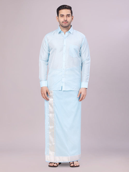 Men's Art Silk Sky Blue Jacquard Full Sleeves Shirt with 2 1/2" Jari Border Dhoti Combo Nautica