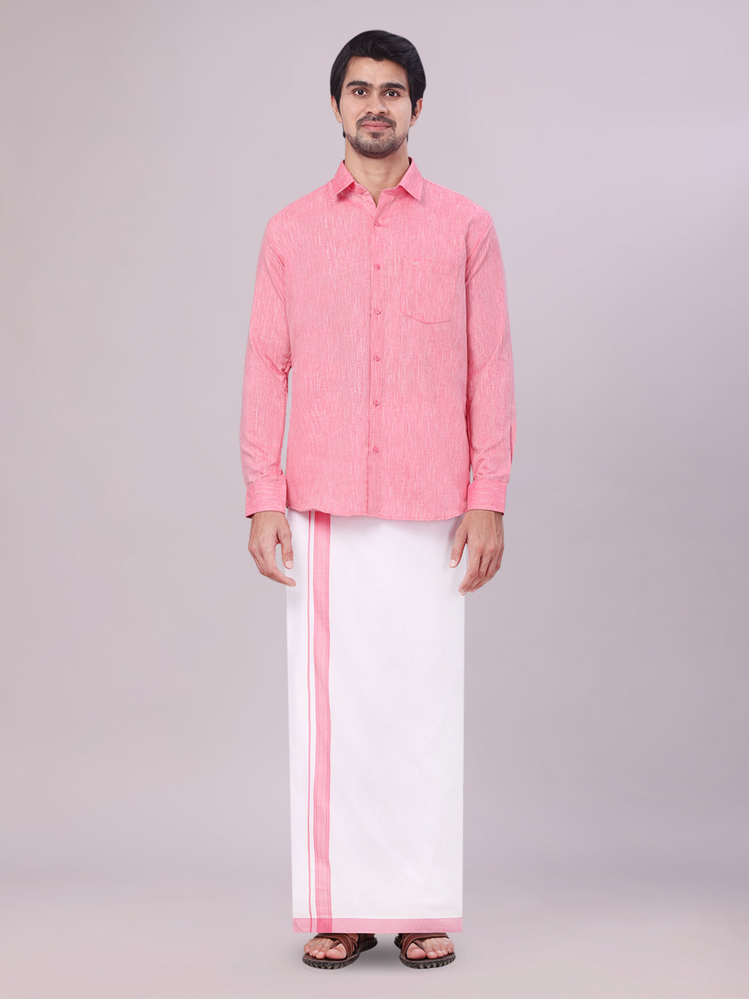 Mens Pink Colour Shirt with Matching Fancy Border Dhoti Combo Lemax