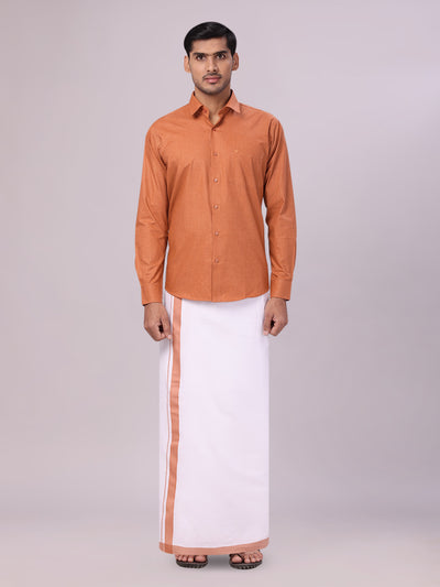 Men's Cotton Brown Shirt with Matching Border Flexi Dhoti Combo Casper Flexi