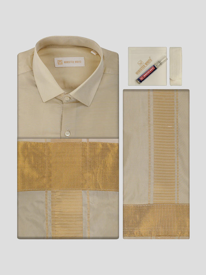 Men's Art Silk Medium Gold Jacquard Full Sleeves Shirt with 4" Gold Jari Border & Towel Dhoti Combo Mangal