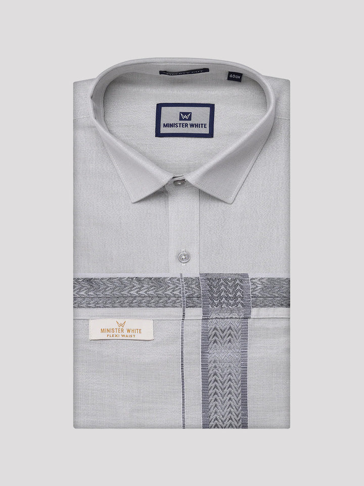 Mens Tissue Grey Shirt with Jacquard Fancy Border Flexi Dhoti Wedding Combo Nios