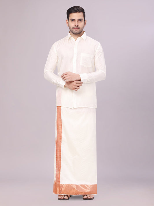 Mens Art Silk Cream Jacquard Full Sleeves Shirt with 2 1/2" Copper Jari Border Dhoti Combo Nautica