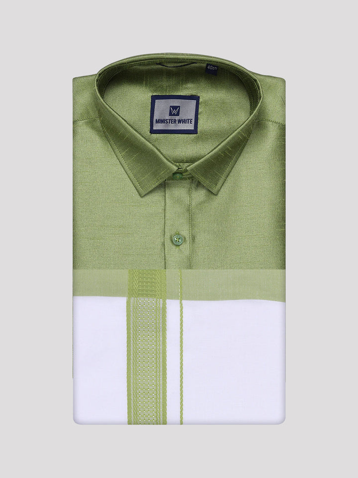 Mens Green Dupion Satin Shirt with Matching Border Dhoti Combo Gora