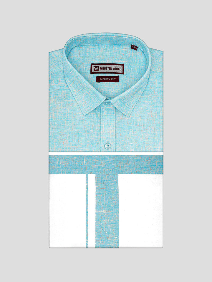 Men's Light Aqua Color Digital Printed Shirt with Matching Printed Border Dhoti Combo Varnam