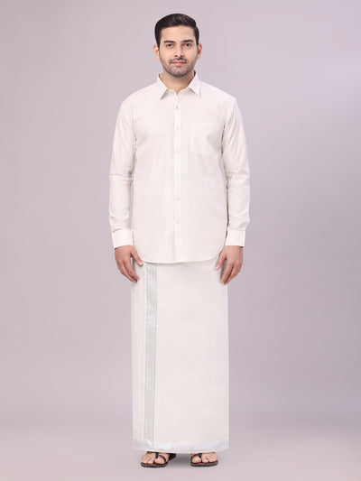 Men's Tissue Silver Shirt with Jacquard Fancy Border Dhoti Wedding Combo Nios