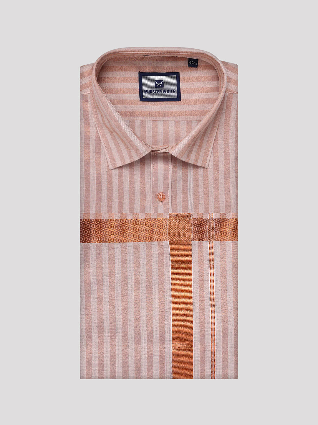 Men's Tissue Stripes Copper Shirt & Jari Border Dhoti Wedding Combo Finely