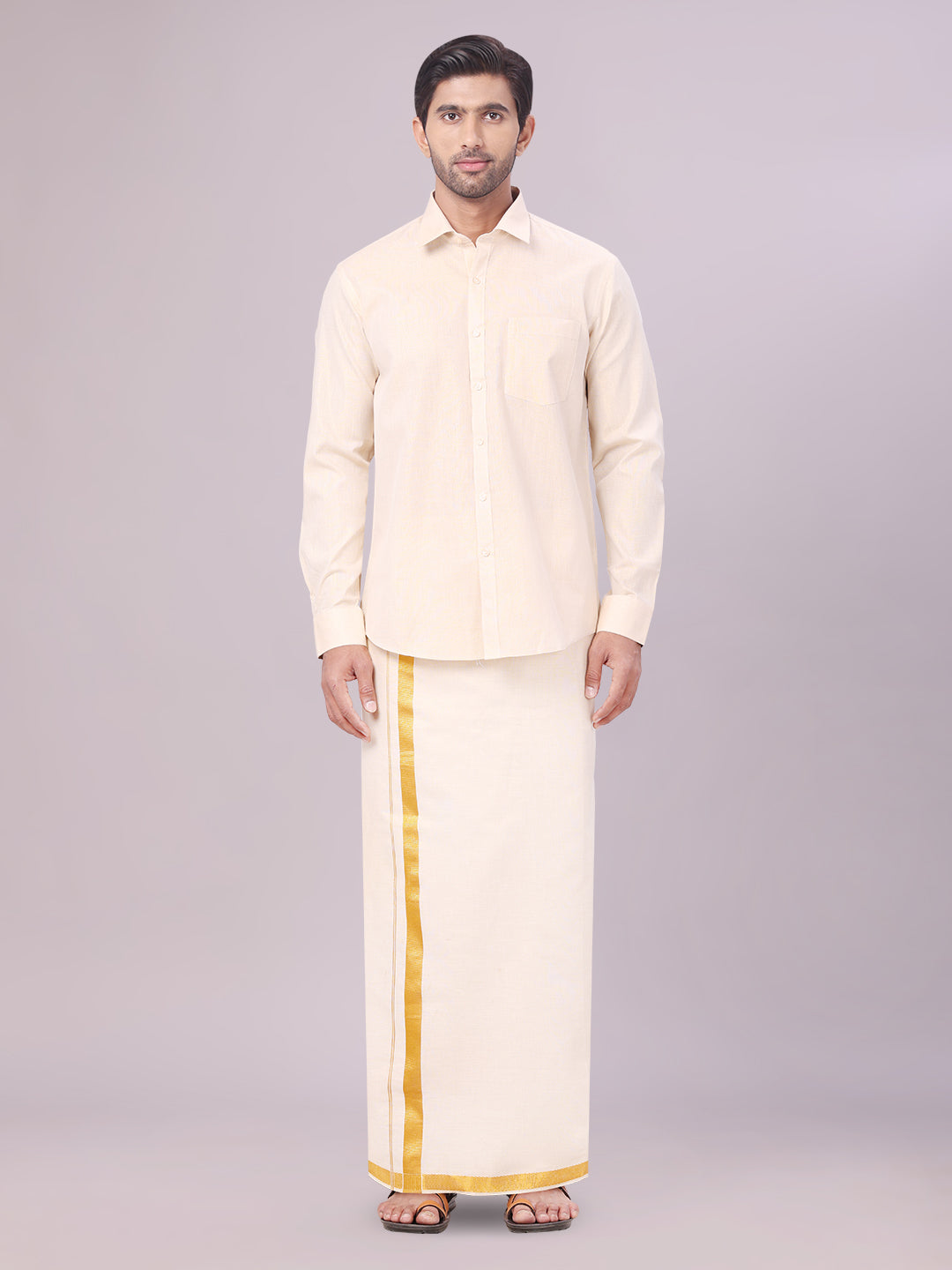 Men's Tissue Gold Color Flexi Dhoti Shirt Wedding Combo Maverik Flexi