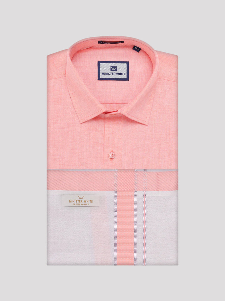 Mens Cotton Peach Shirt with Tissue Matching Border Flexi Dhoti Wedding Combo Kandala