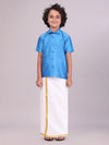 Boys Art Silk Sky Blue Half Sleeves Shirt with Gold Jari Flexi Dhoti Towel Combo Calm Boy