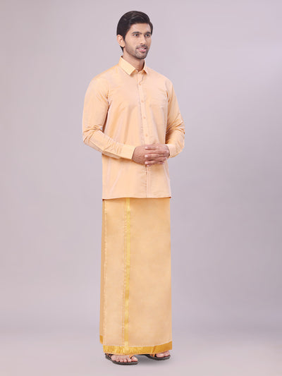 Mens Art Silk Dark Gold Full Sleeves Shirt with Gold Jari Border Flexi Dhoti Combo Finesse