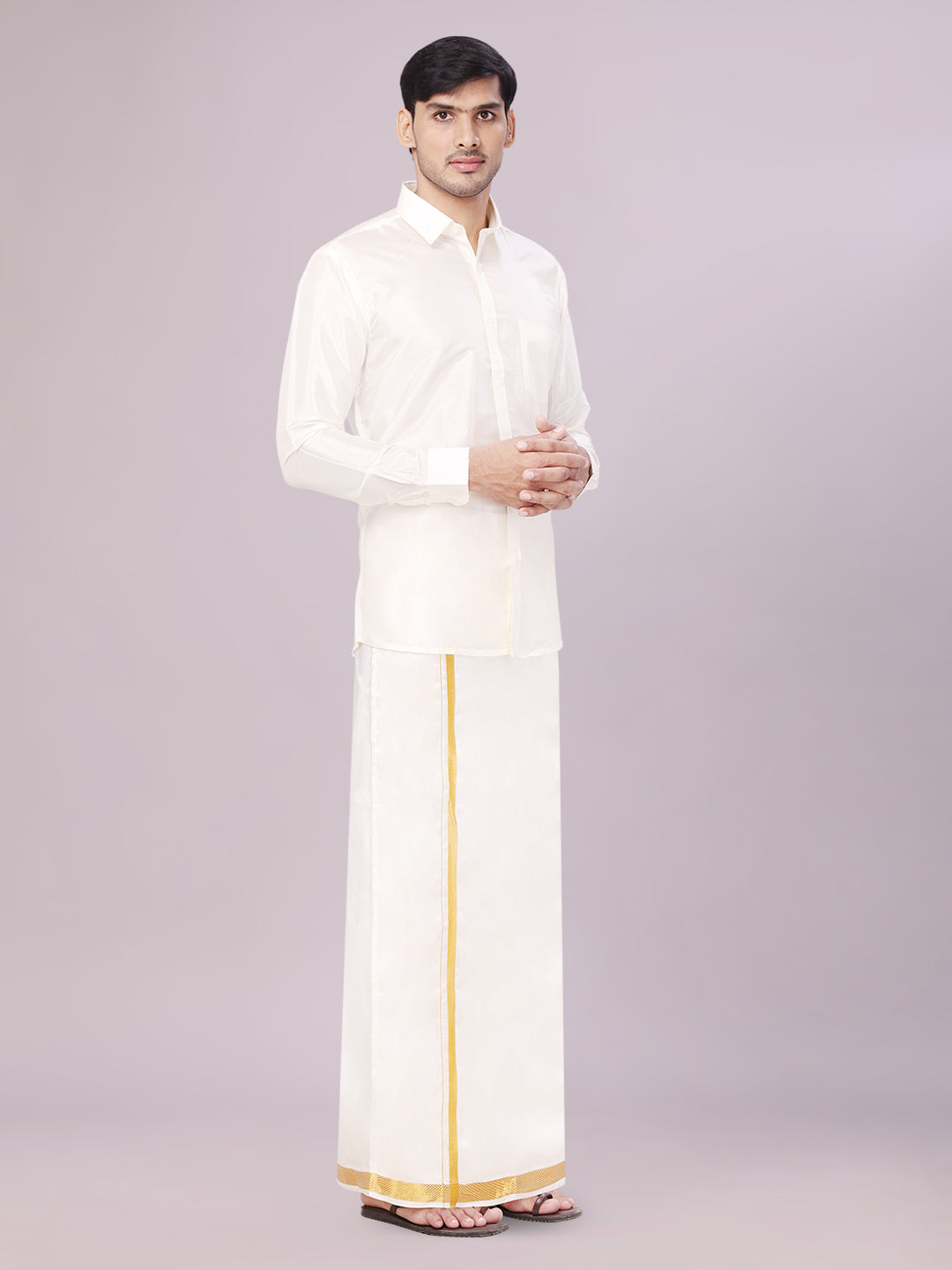 Mens Art Silk Cream Wedding Shirt with Flexi Dhoti and Nerial - Blessing Cream