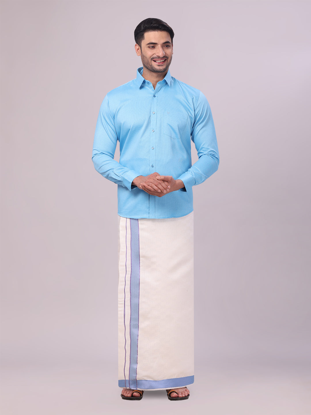 Mens Cotton Sky Blue Shirt and Airtex Matching Border Dhoti Combo Nector