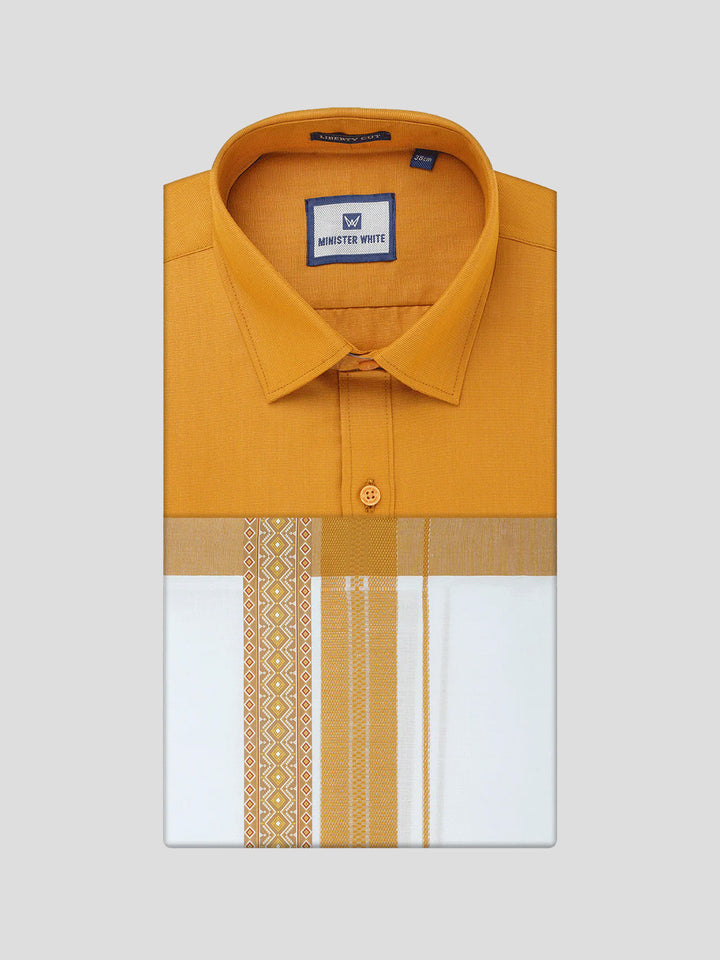 Men's Cotton Golden Yellow Matching Shirt with Fancy Printed Border Dhoti Combo Luster Trend