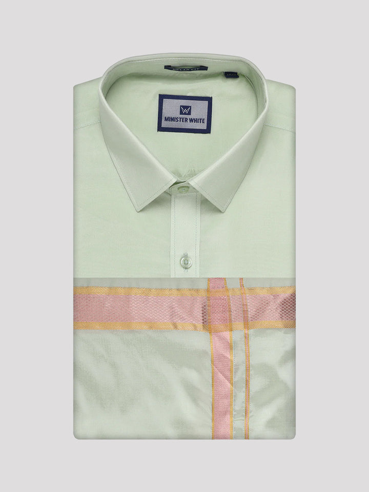 Mens Art Silk Pista Green Full Sleeves Shirt with Gold Jari Border Dhoti Combo Finesse