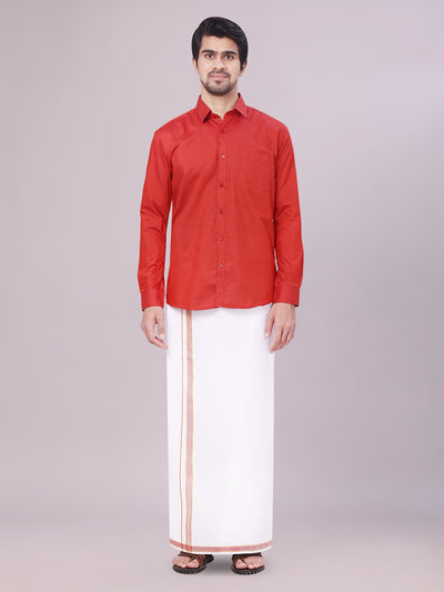 Men's Crimson Red Shirt with Matching Border Dhoti Combo Pinto