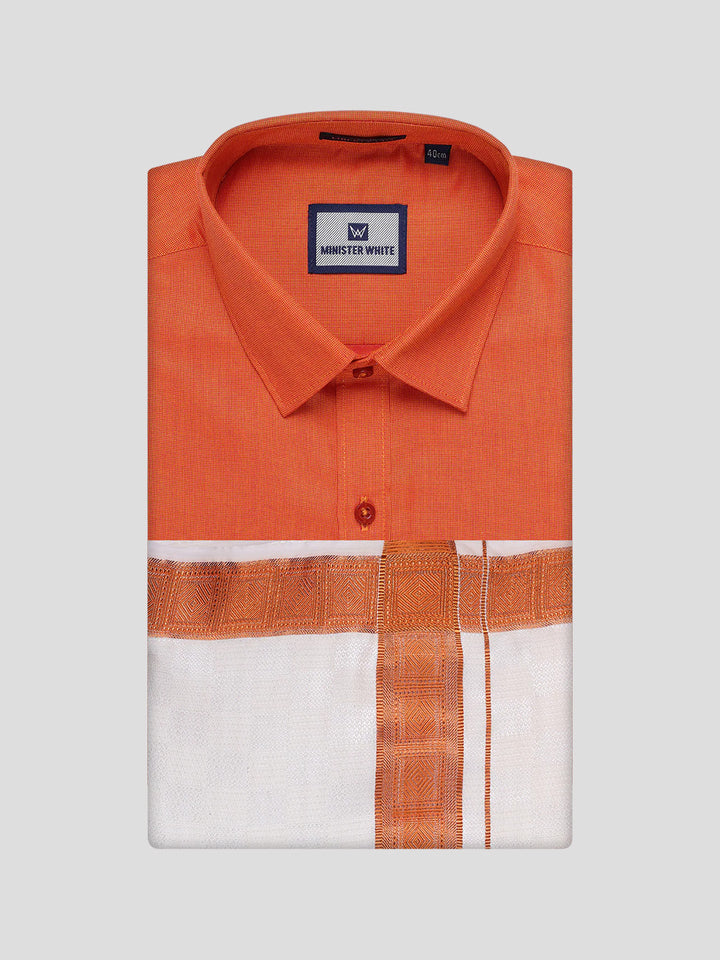 Men's Cotton Brick Shirt and Airtex Matching Border Dhoti Combo Nector