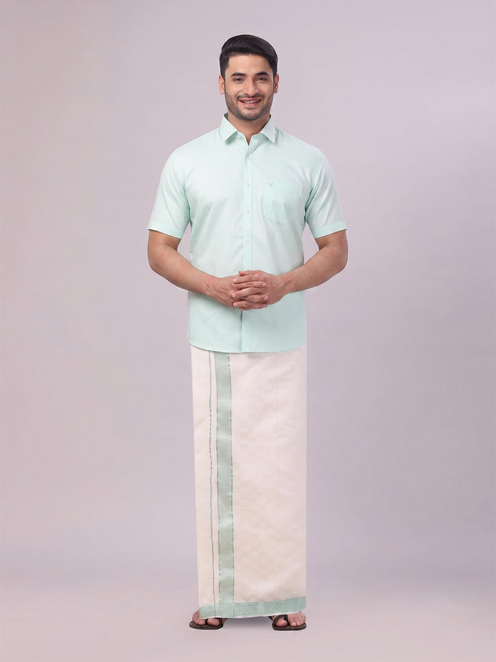 Men's Cotton Sea Green Shirt and Airtex Matching Border Dhoti Combo Nector