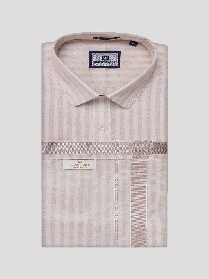 Men's Tissue Stripes Almond Shirt & Jari Border Flexi Dhoti Wedding Combo Finely