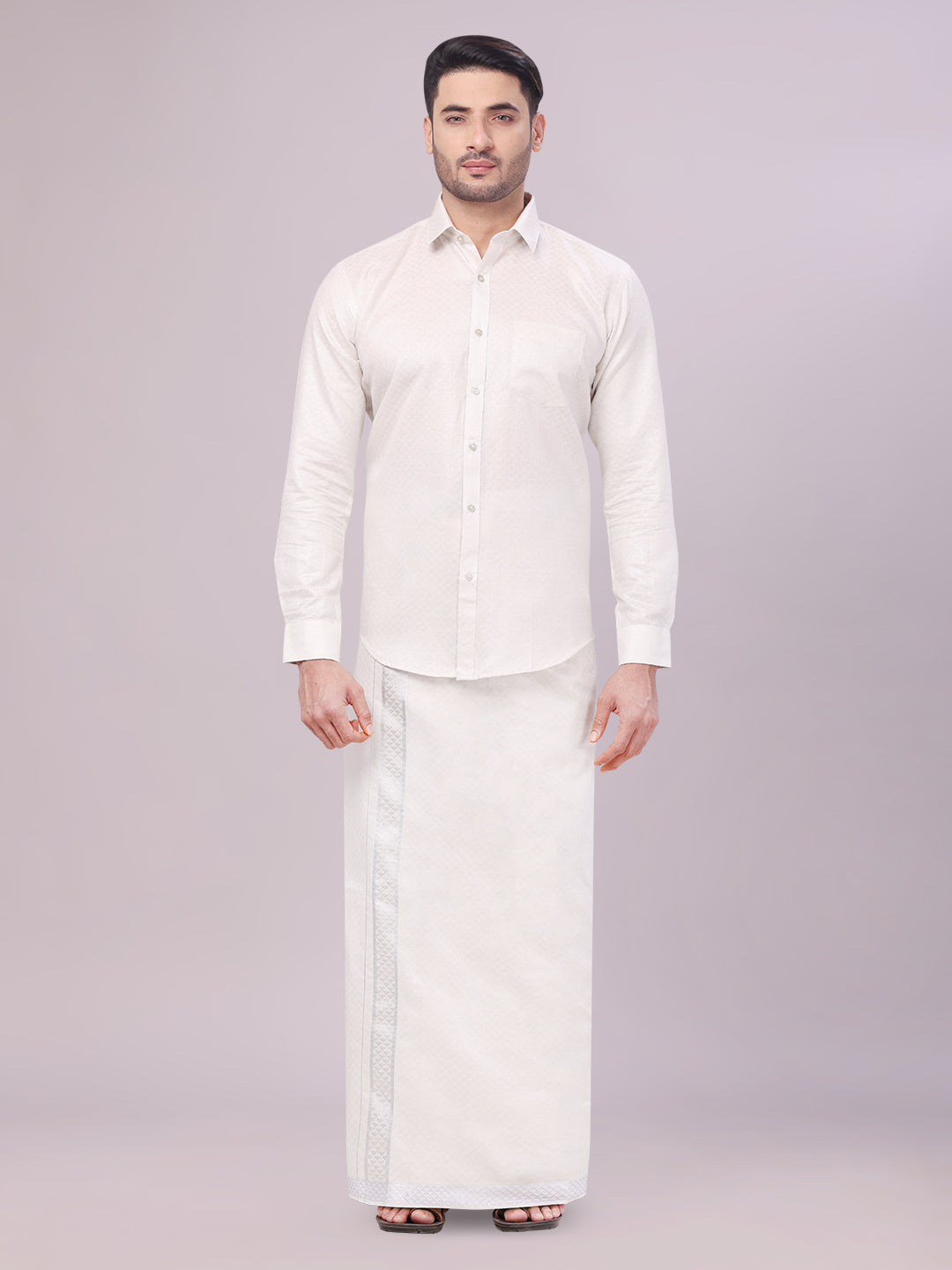 Men's Silver Color Jacquard Shirt with Matching Dhoti Combo Zeebra