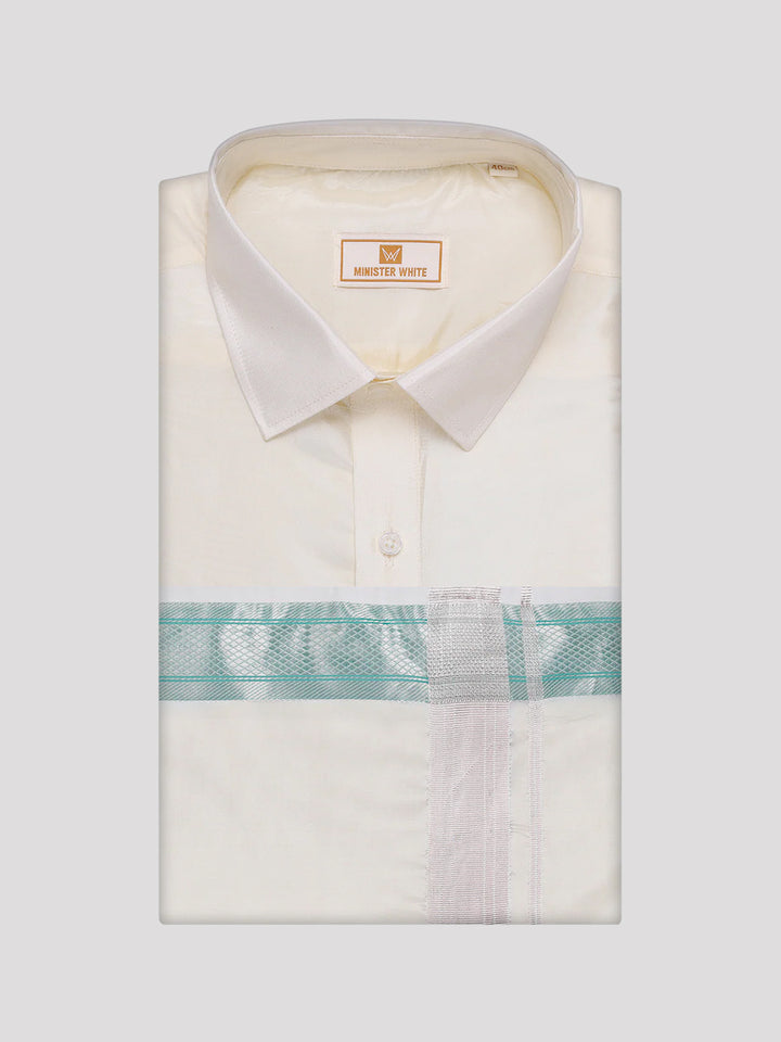 Men's Art Silk Cream Full Sleeves Shirt with Fancy Jari Border Flexi Dhoti Combo Finesse
