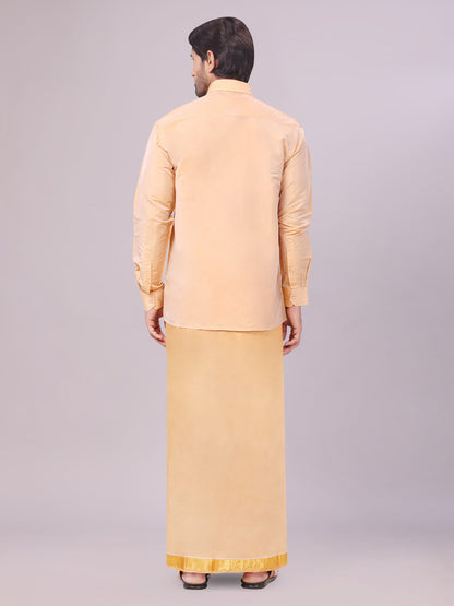 Men's Art Silk Dark Gold Full Sleeves Shirt with Gold Jari Border Dhoti Combo Finesse back pose