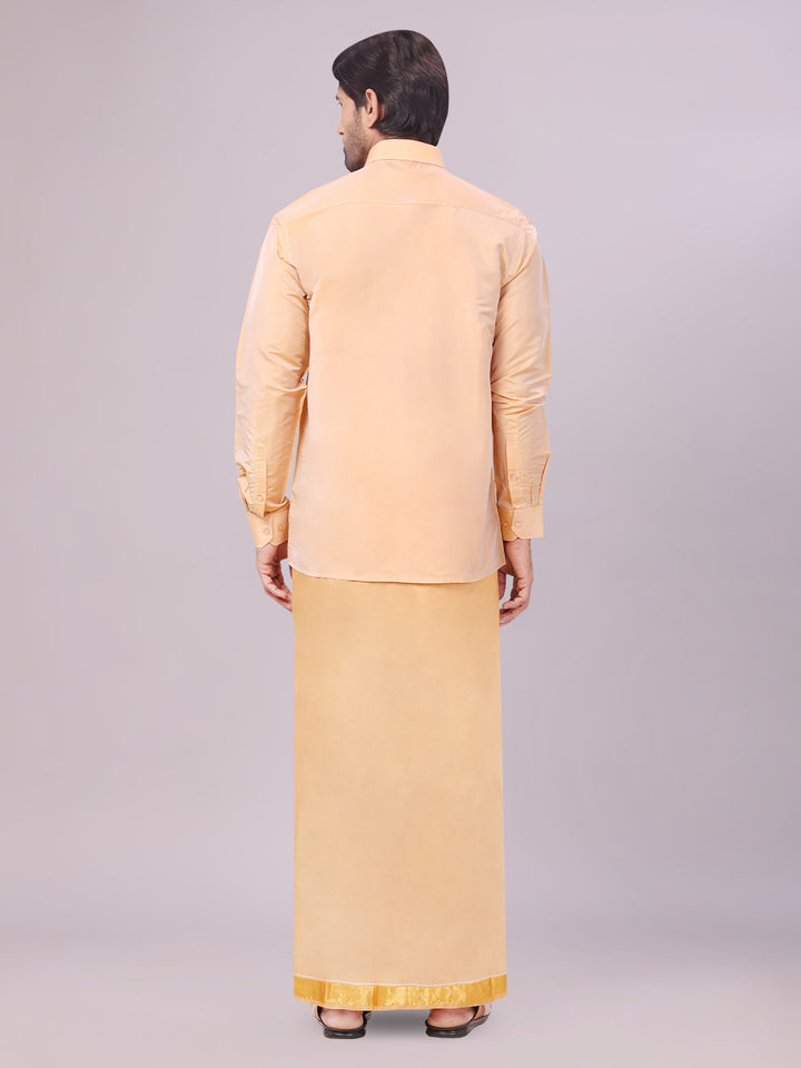 Men's Art Silk Dark Gold Full Sleeves Shirt with Gold Jari Border Dhoti Combo Finesse back pose