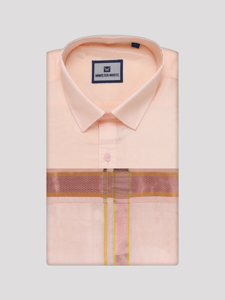 Men's Art Silk Light Peach Full Sleeves Shirt with Copper Jari Border Dhoti Combo Finesse