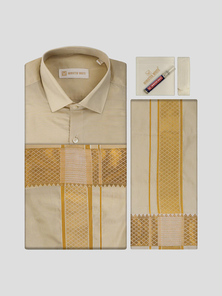 Men's Art Silk Medium Gold Jacquard Full Sleeves Shirt with 3"  Gold Jari Border & Towel Dhoti Combo Mangal