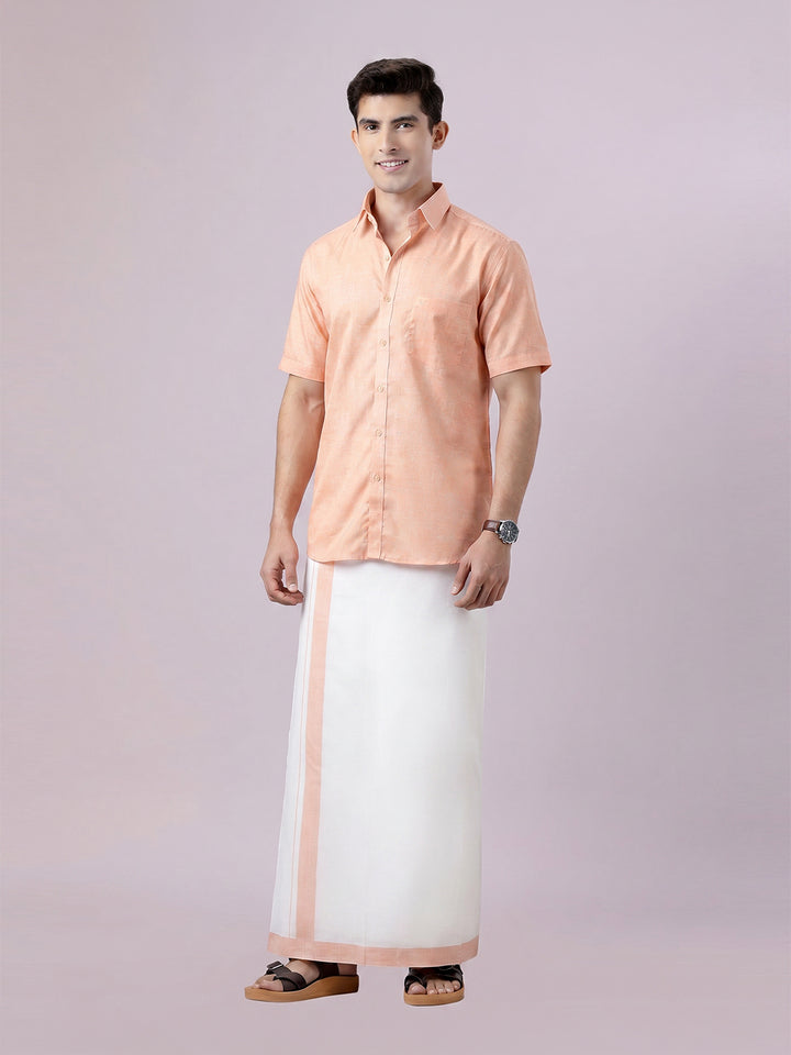 Men's Coral Color Digital Printed Shirt with Matching Printed Border Dhoti Combo Varnam