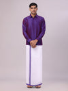 Mens Violet Dupion Satin Color Shirt with Matching Border Dhoti Combo Gora