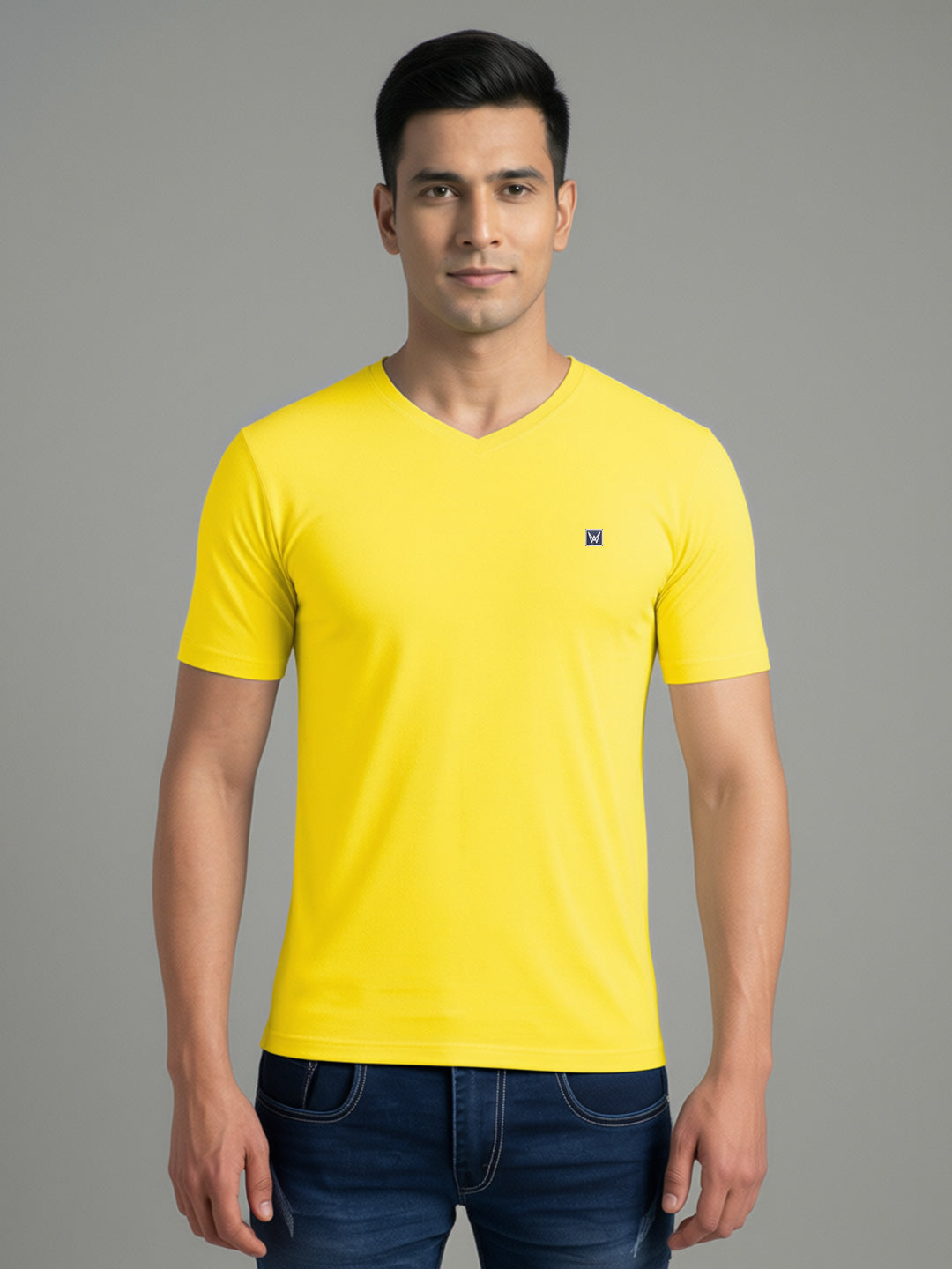 Men's Yellow Regular Fit V-Neck T-Shirt Caliber