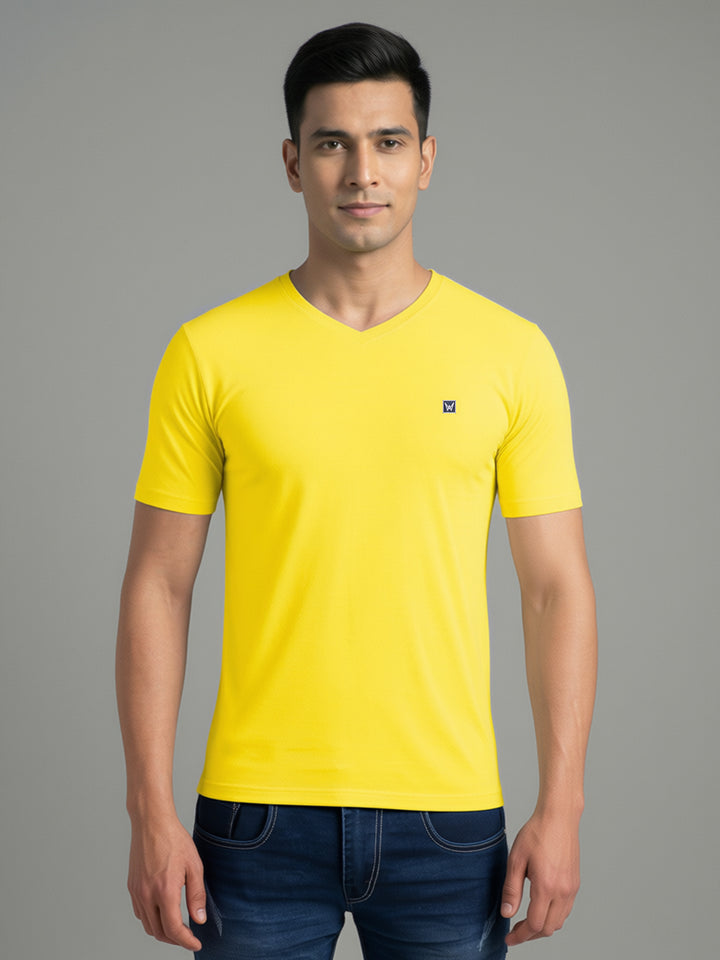 Men's Yellow Regular Fit V-Neck T-Shirt Caliber