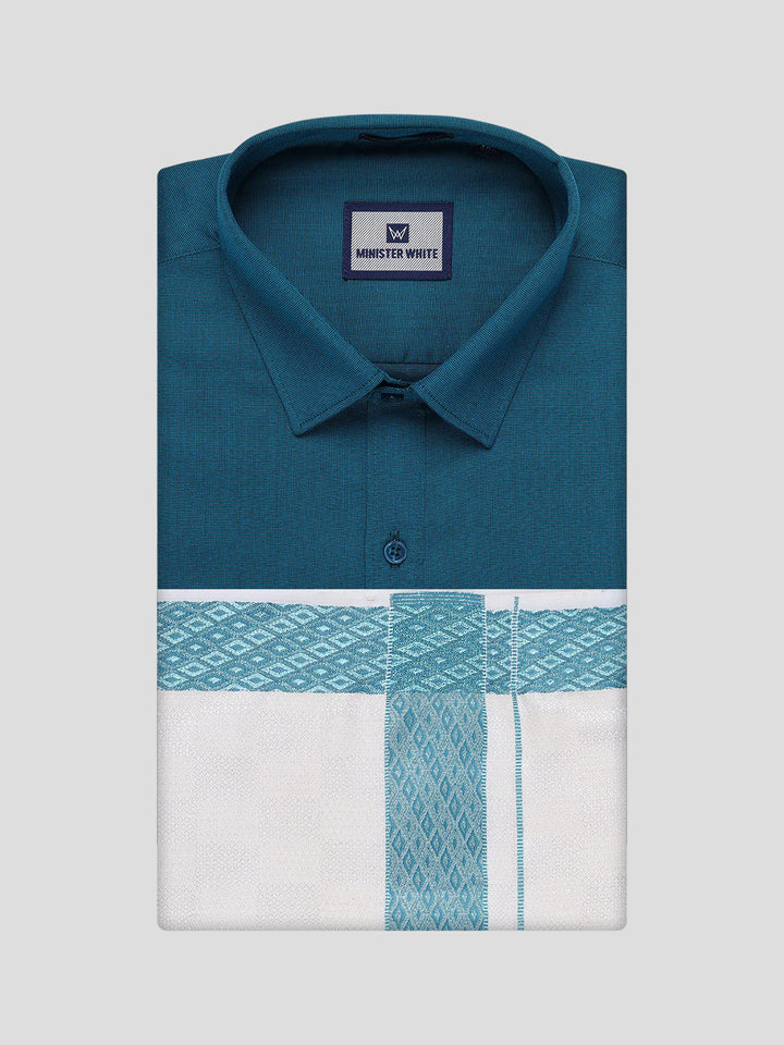 Men's Cotton Steel Blue Shirt and Airtex Matching Border Dhoti Combo Nector