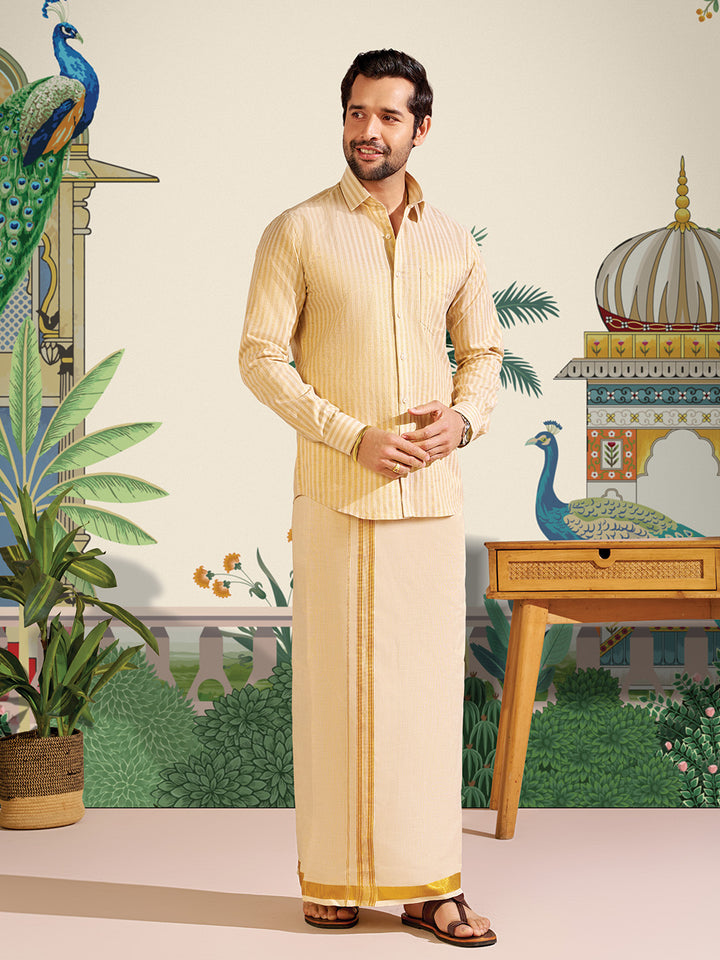 Mens Tissue Stripes Gold Shirt with Plain Jari Border Dhoti Wedding Combo Carter