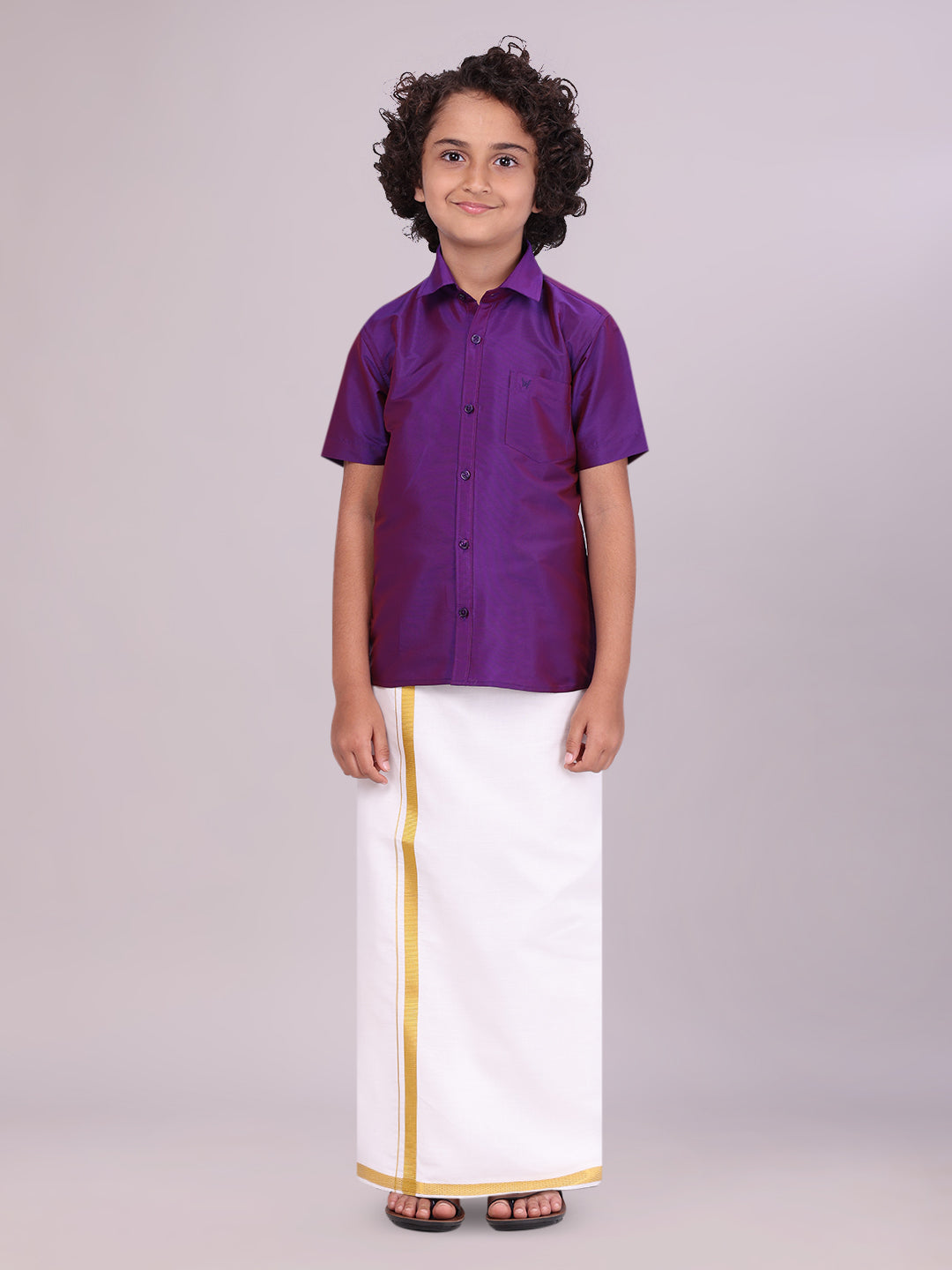 Boys Art Silk Purple Half Sleeves Shirt with Gold Jari Flexi Dhoti Towel Combo 