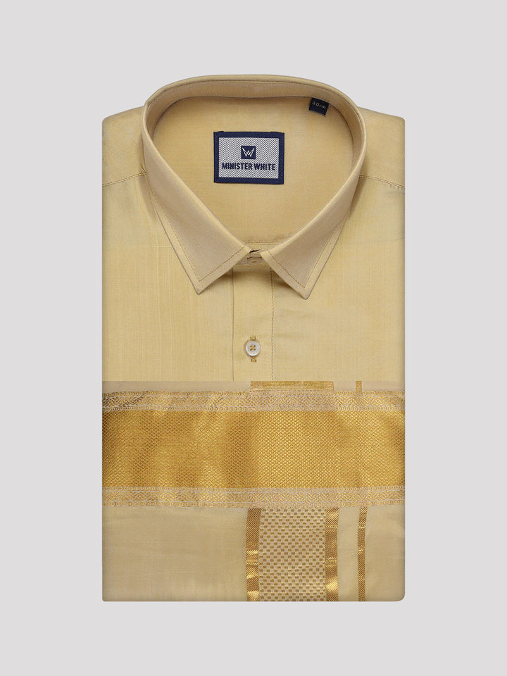 Mens Art Silk Mango Gold Full Sleeves Shirt with 3 1/2" Gold Jari Border Dhoti Combo Mangal