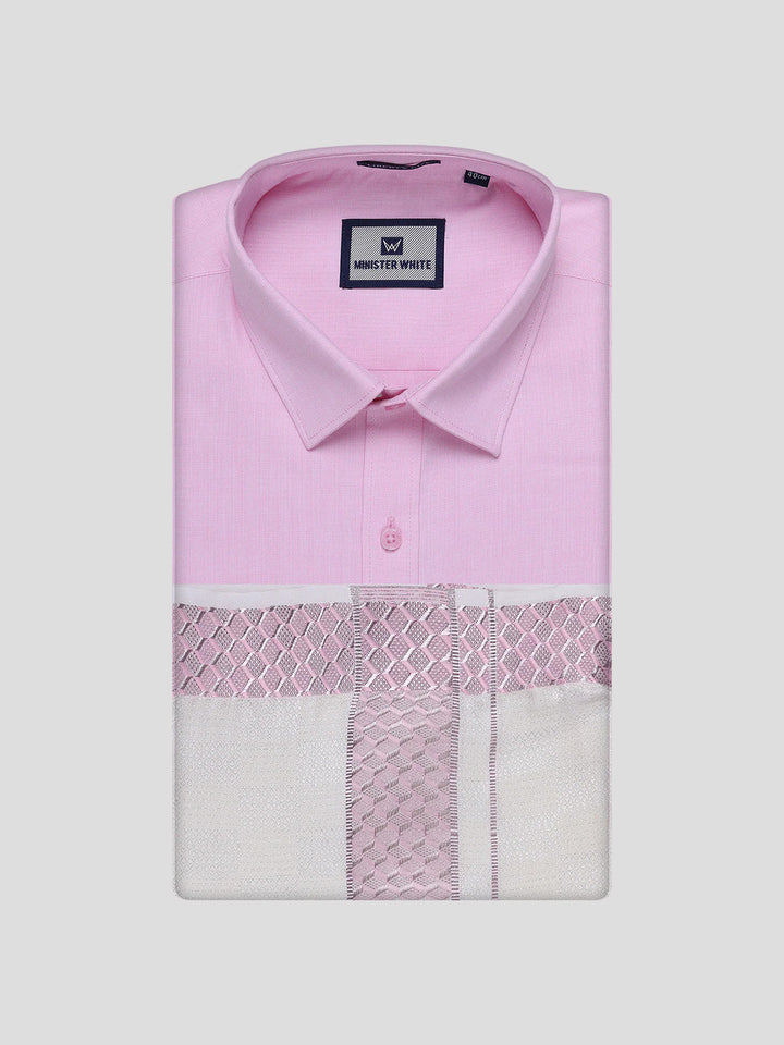 Men's Cotton Light Rose Shirt and Airtex Matching Border Dhoti Combo Nector