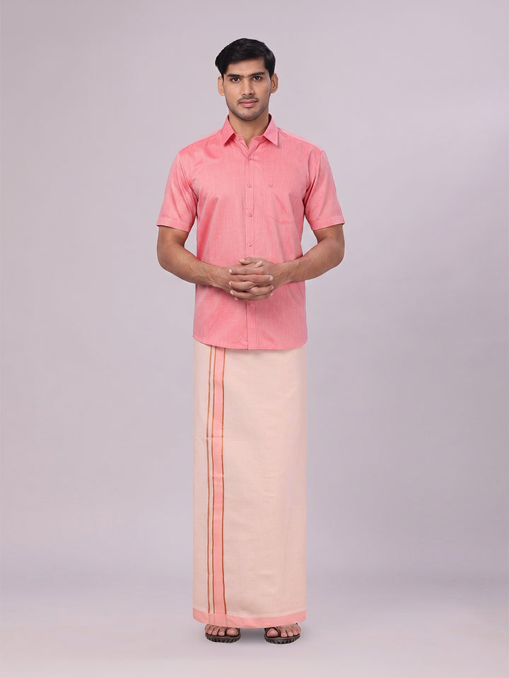 Mens Cotton Pink Shirt with Tissue Matching Border Dhoti Wedding Combo Kandala