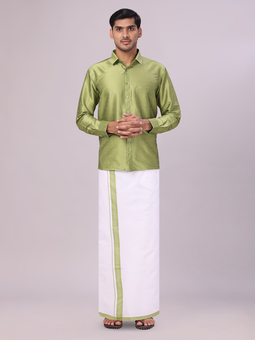 Men's Green Dupion Satin Shirt with Matching Border Dhoti Combo Gora