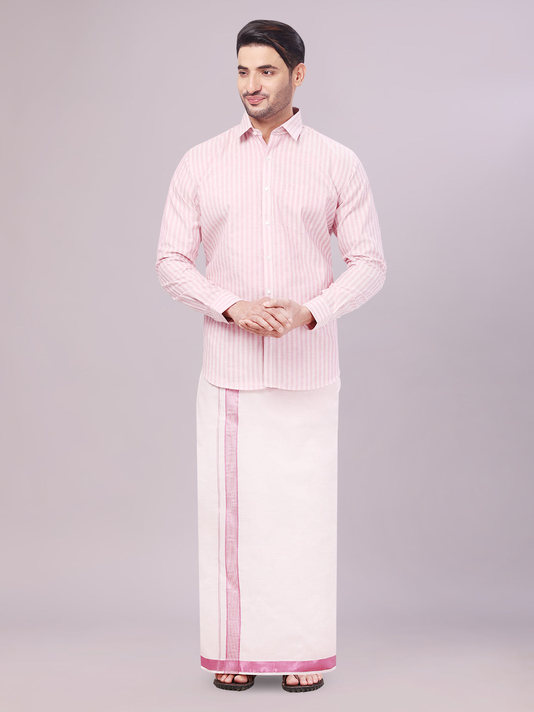 Men's Tissue Stripes Rose Shirt with Plain Jari Border Dhoti Wedding Combo Carter