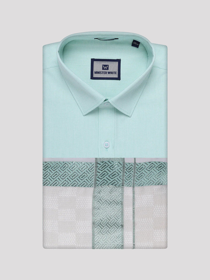 Men's Cotton Sea Green Shirt and Airtex Matching Border Dhoti Combo Nector