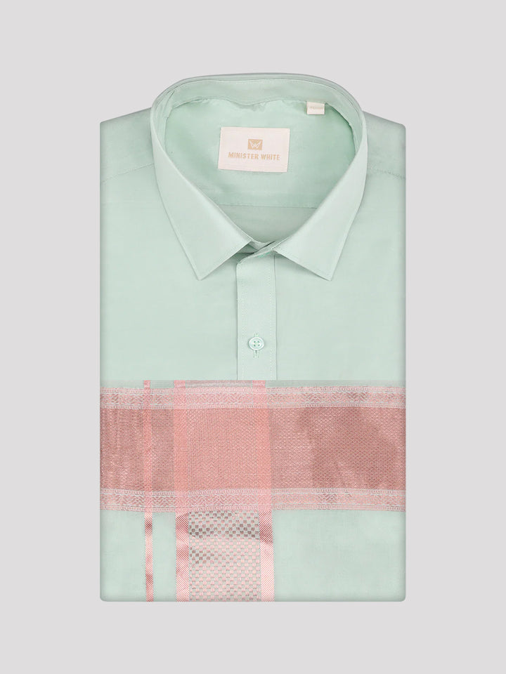 Men's Art Silk Pista Full Sleeves Shirt with 3 1/2" Lt. Copper Jari Border Dhoti Combo Mangal