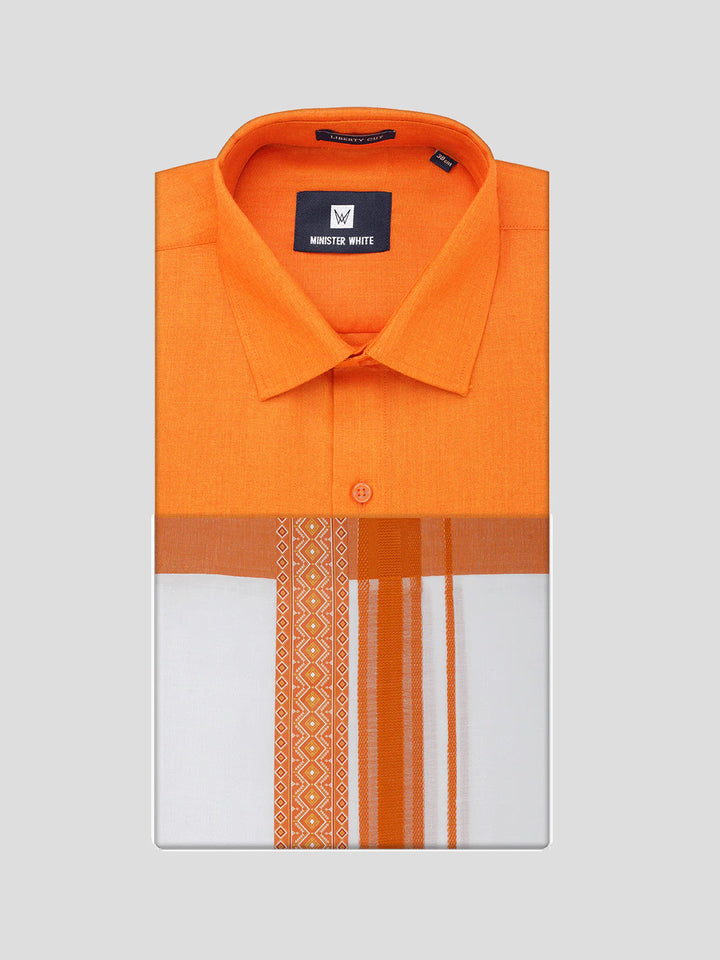 Men's Cotton Orange Matching Shirt with Fancy Printed Border Dhoti Combo Luster Trend
