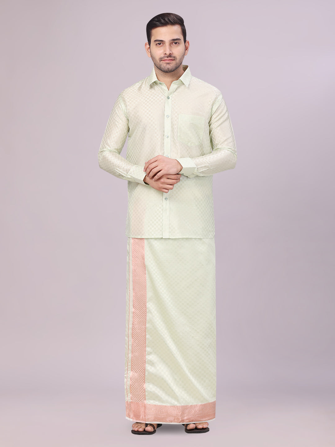 Men's Art Silk Pista Green Full Sleeves Shirt with 3 1/2" Copper Jari Border Dhoti Combo Neogen