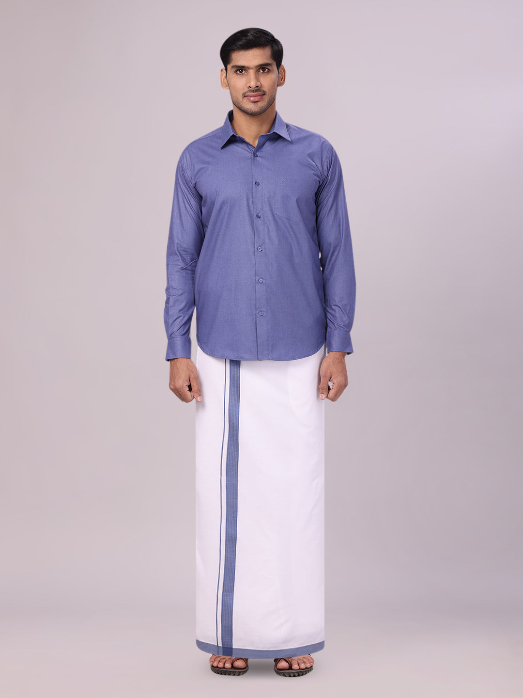 Men's Cotton Blue Color Shirt with Matching Border Flexi Dhoti Combo Casper Flexi