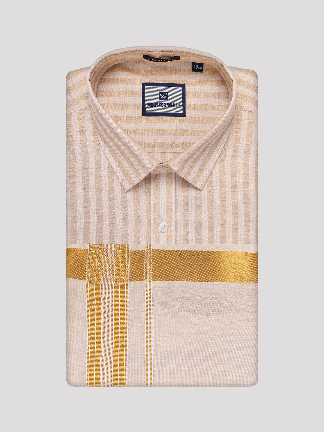 Men's Tissue Stripes Gold Shirt with Plain Jari Border Dhoti Wedding Combo Carter