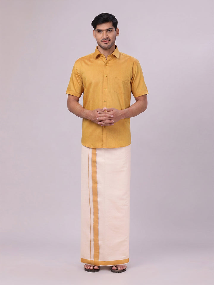 Mens Cotton Mustard Shirt with Tissue Matching Border Dhoti Wedding Combo Kandala