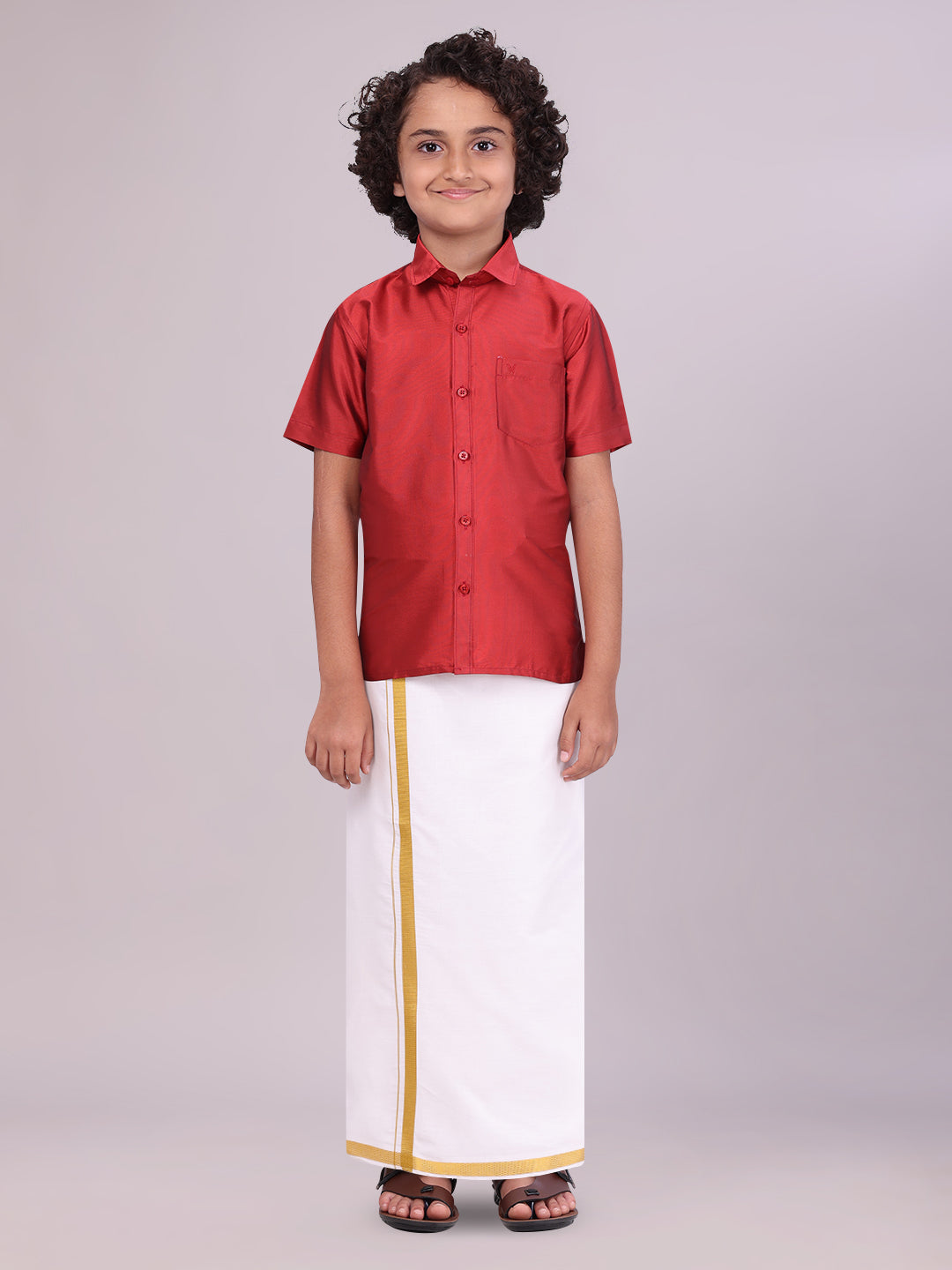 Boys Art Silk Red Half Sleeves Shirt with Gold Jari Flexi Dhoti Towel Combo 