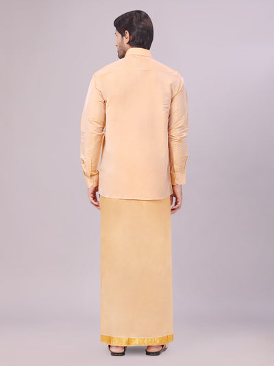 Mens Art Silk Dark Gold Full Sleeves Shirt with Gold Jari Border Dhoti Combo Finesse